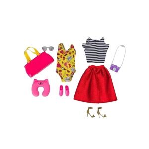 Barbie Pink Passport Clothes- Paris Red‎ Metallic Skirt & Yellow Beach Swimsuit